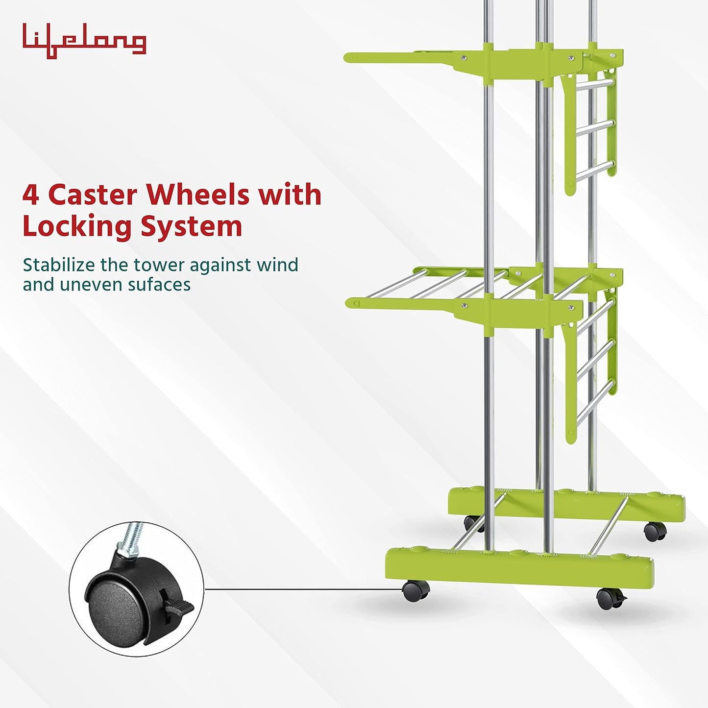Lifelong 3 Layer Stainless Steel Foldable Cloth Drying Stand with Wheels & 12 Clips | Heavy Duty Laundry Dryer Rack