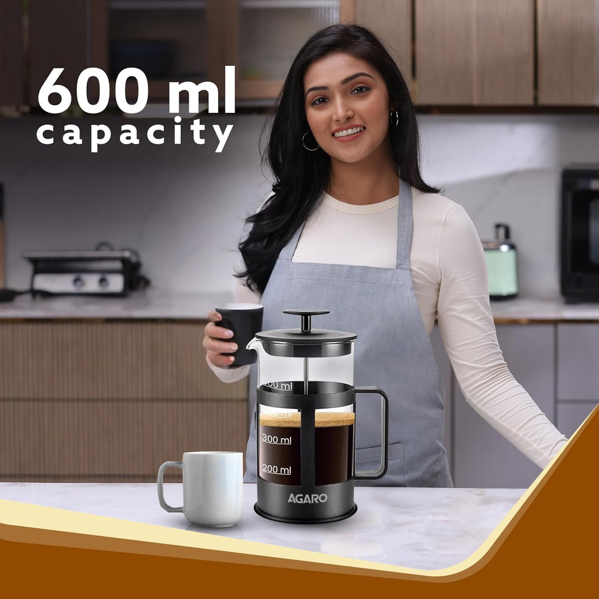 AGARO Delite French Press Coffee & Tea Maker 600ml – Borosilicate Glass Carafe with Protective Sleeve, BPA-Free Lid & Strainer**