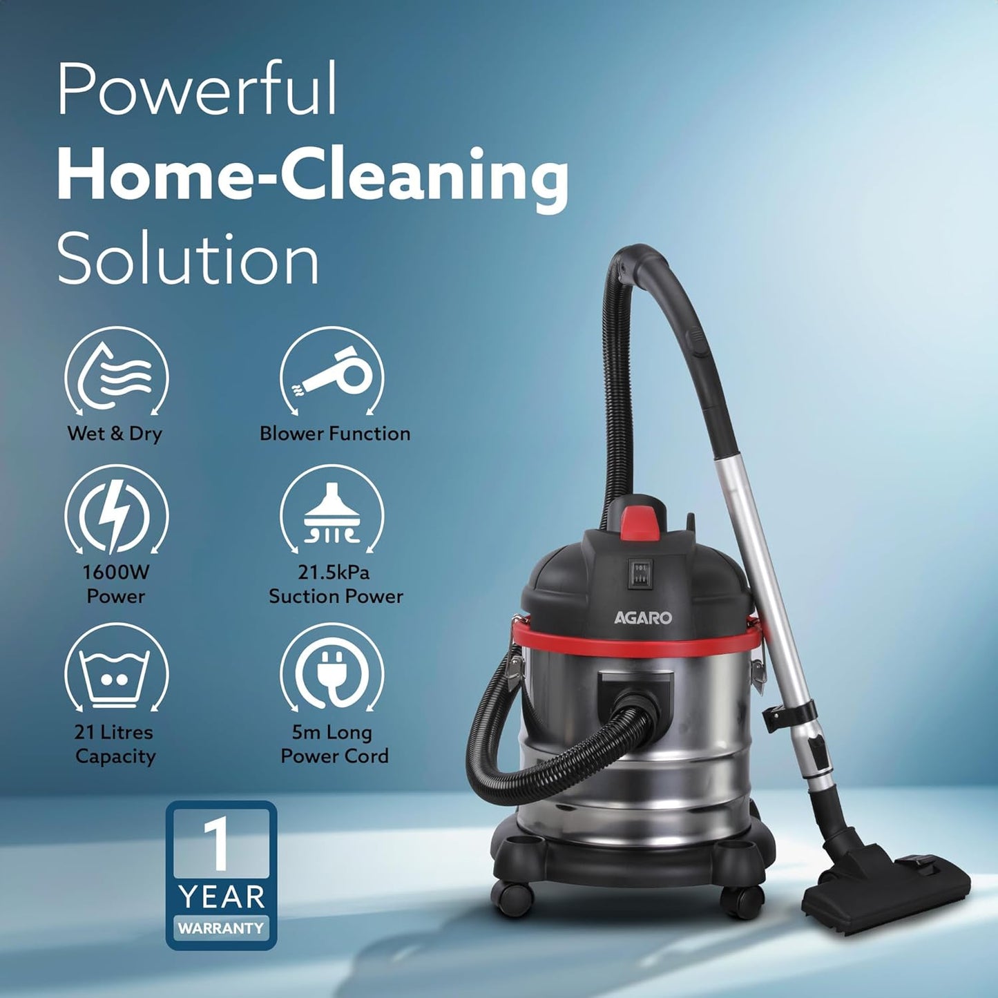 AGARO Ace 1600W Wet & Dry Vacuum Cleaner | 21.5 kPa Suction | 21L Tank | Blower Function | Heavy Duty Home Cleaning Machine