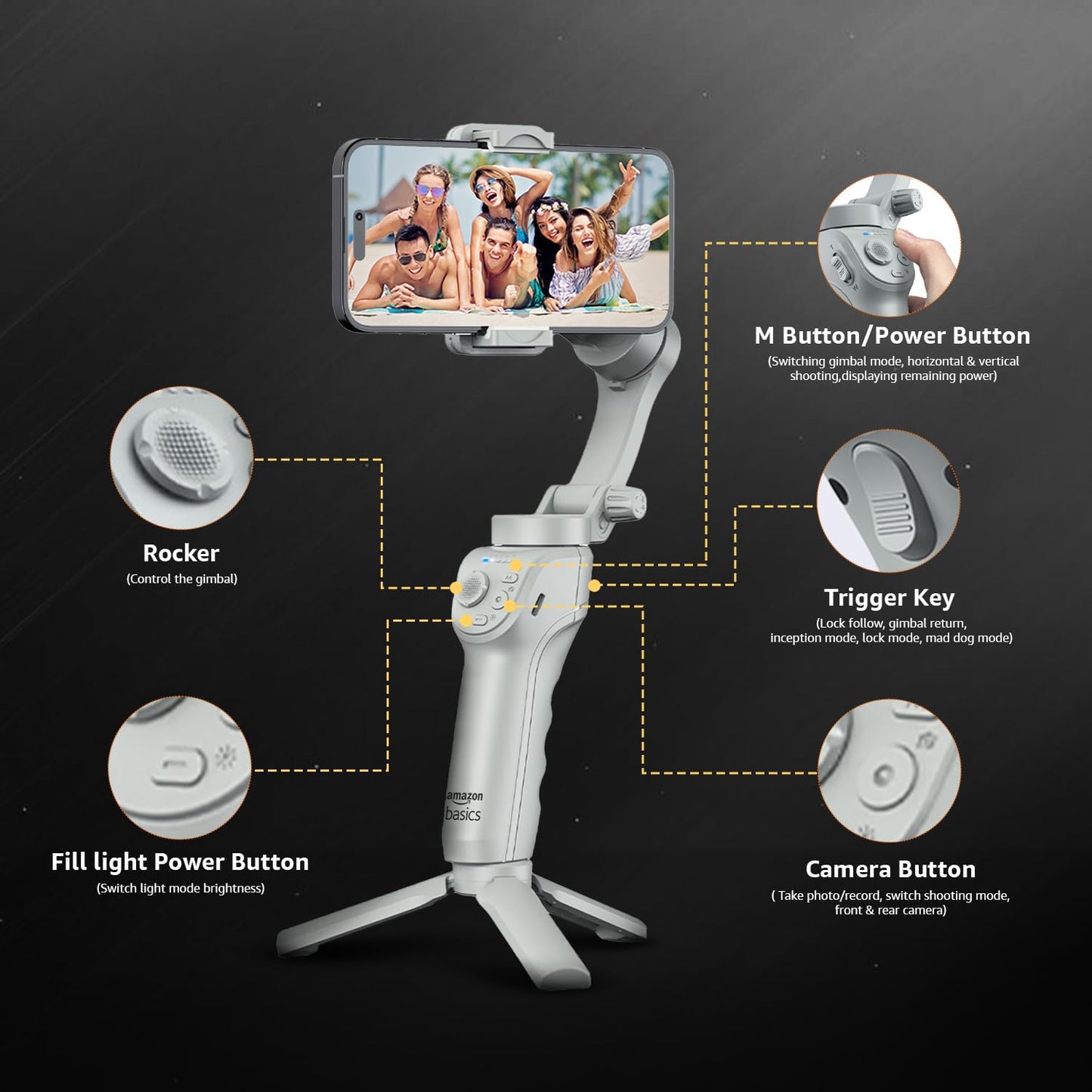 Amazon Basics 3-Axis Smartphone Gimbal Stabilizer with AI Face & Body Tracking | Foldable Design | Fill Light | 8Hr Battery | iPhone & Android Compatible + FREE AirPods Worth ₹699