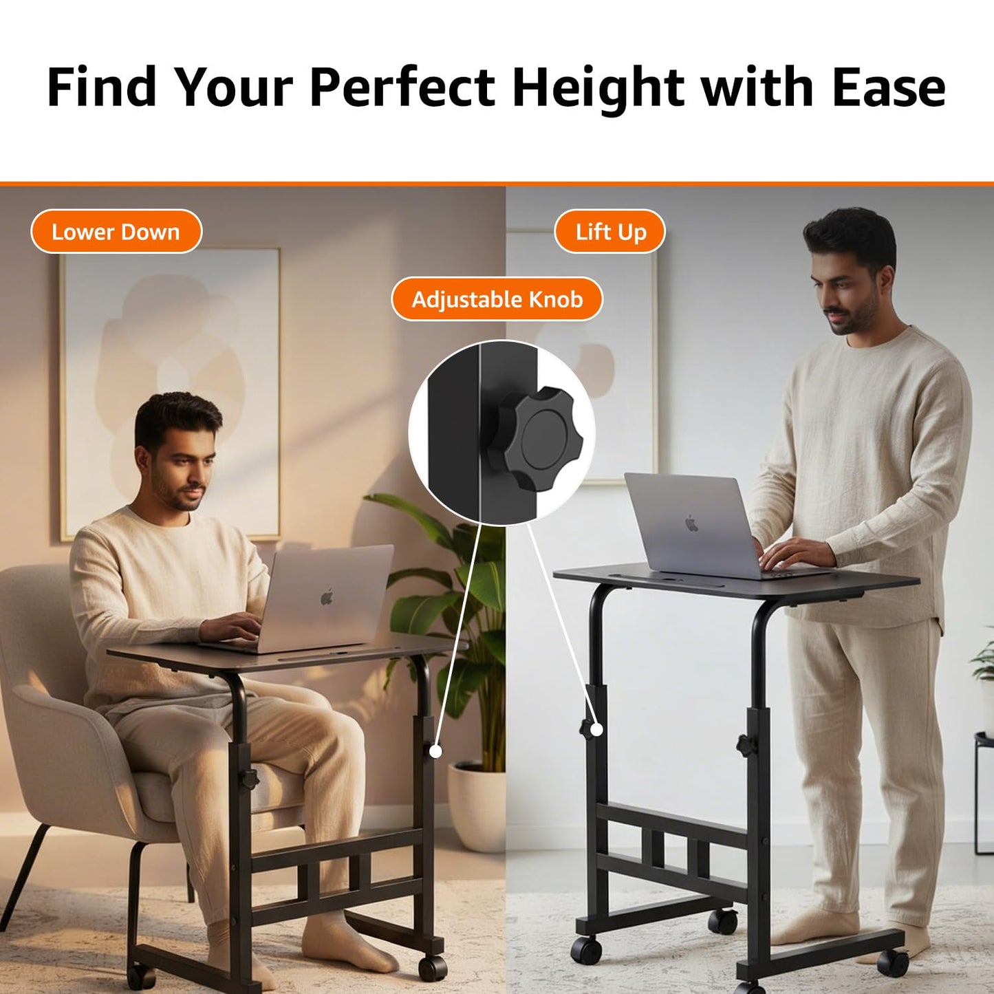 Amazon Basics Adjustable Height Wooden Laptop Table with Wheels | Portable Multipurpose Study & Work Desk | Black
