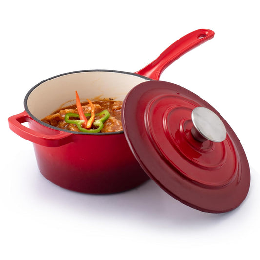 AGARO Royal Enamelled Cast Iron Sauce Pan 1.9L with Lid (19 cm) – Heavy Bottom, No Chemical Coating | Fast Heating | Gas, Induction & Oven Compatible
