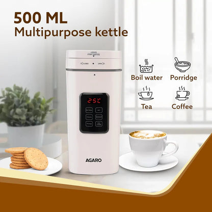 AGARO Delite Portable Electric Kettle 500ml – Fast Boiling Travel Kettle with Adjustable Temperature, Keep Warm & Dechlorination | Double Layered Body | White