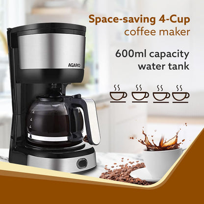 AGARO Royal 750W Drip Coffee Maker | 600ml Borosilicate Glass Carafe | 4 Big Cups | Cone Filter | Auto Shut-Off | Water Level Indicator | Stainless Steel Body (Black)