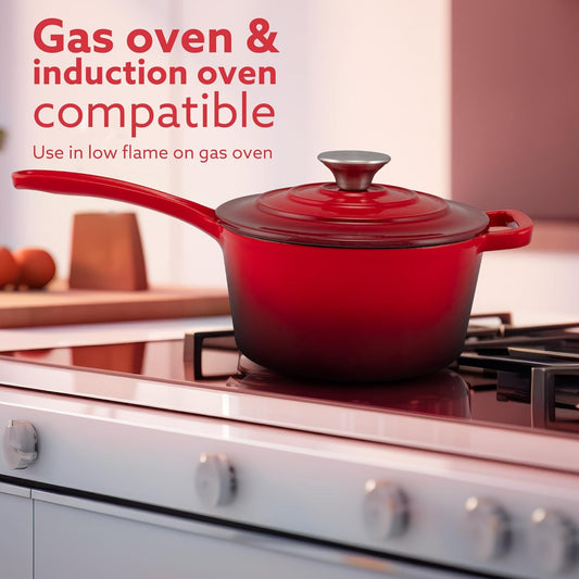 AGARO Royal Enamelled Cast Iron Sauce Pan 1.9L with Lid (19 cm) – Heavy Bottom, No Chemical Coating | Fast Heating | Gas, Induction & Oven Compatible