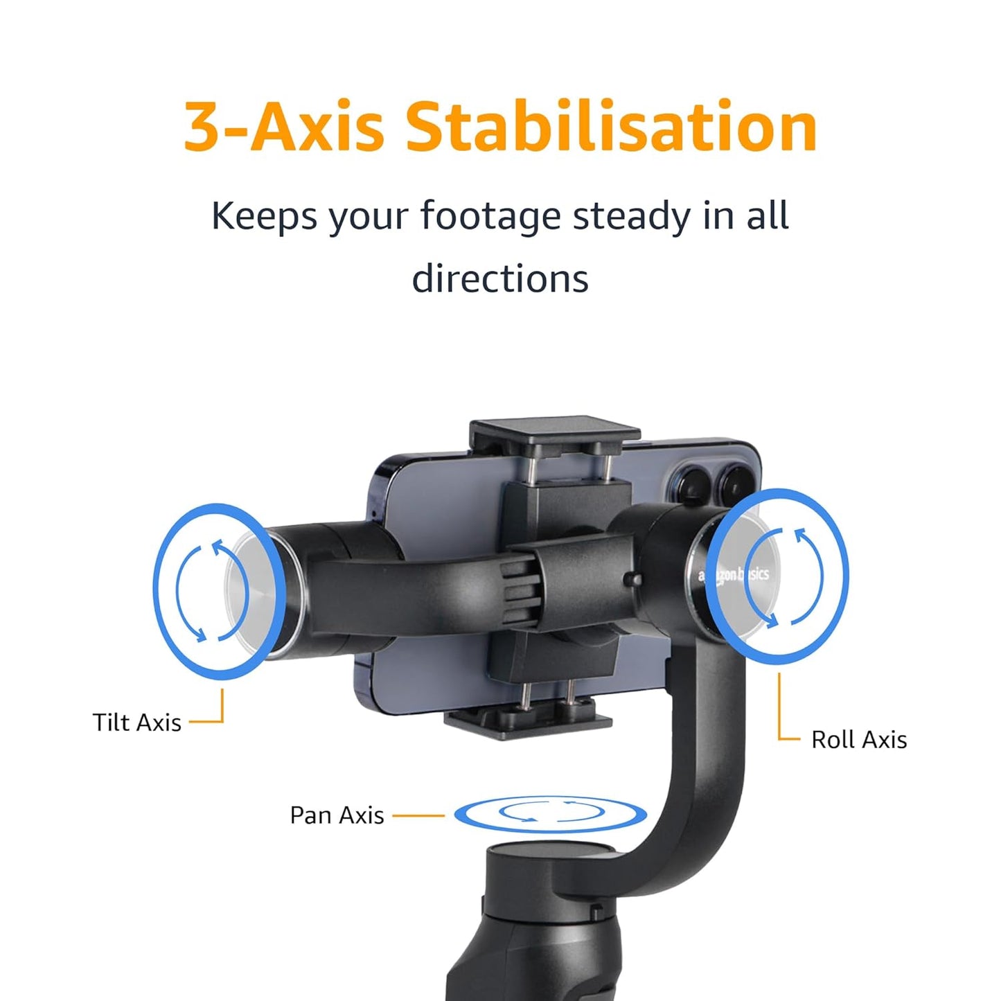 Amazon Basics Handheld Gimbal Stabiliser with 3-Axis Feature and Tripod, Facial Tracking, Time Lapse, FPV, Up to 12 Hours Operational Time, Compatible with All Smart Phones (Dark Grey)