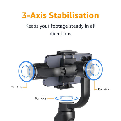 Amazon Basics Handheld Gimbal Stabiliser with 3-Axis Feature and Tripod, Facial Tracking, Time Lapse, FPV, Up to 12 Hours Operational Time, Compatible with All Smart Phones (Dark Grey)