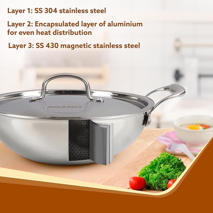 AGARO Royal Honeycomb Kadai 2.25L (24 cm) | Tri-Ply Stainless Steel | Gas & Induction Compatible | PFOA-Free | Riveted Handle | Silver Finish