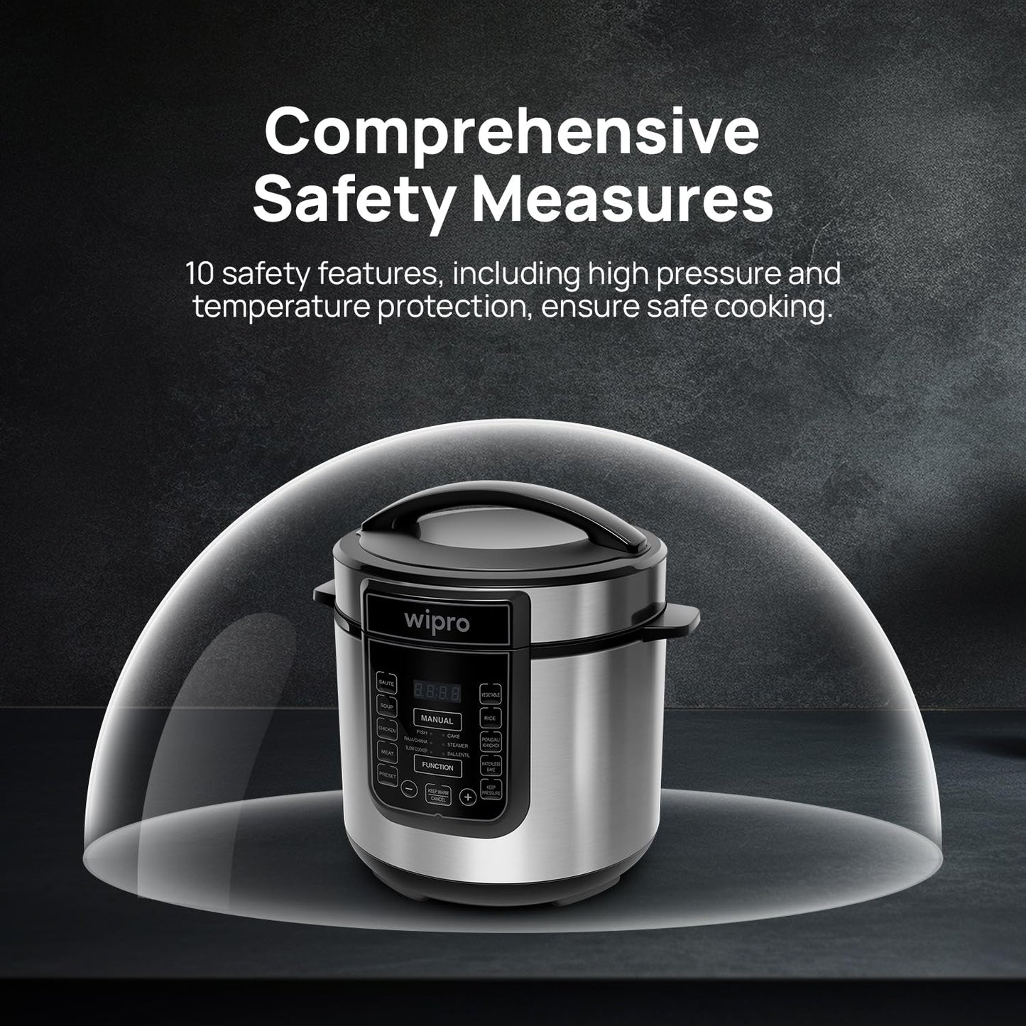 Wipro Elato 6L Digital Electric Pressure Cooker – 10 Preset Multi-Cooking Functions, 1000W, Stainless Steel Pot, Safety Lock