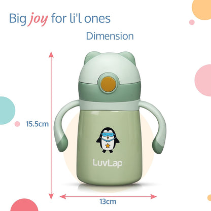 LuvLap Double Walled Stainless Steel Straw Sipper Bottle 300ml for Babies | Hot & Cold Insulated | BPA Free | One Touch Open | Green
