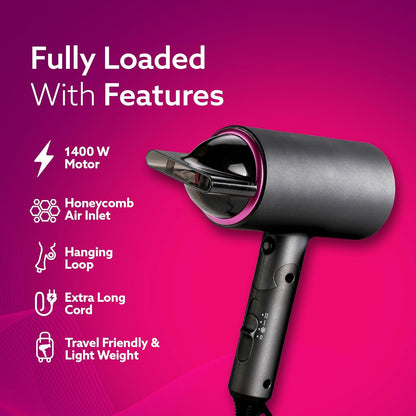 AGARO HD-1214 Premium Hair Dryer | 1400W Power, 3 Heat Settings & Cool Shot