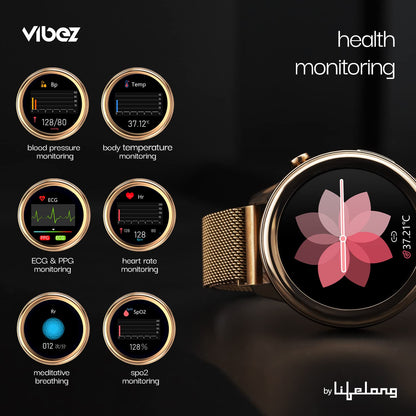 Vibez Xena Smartwatch for Women – Gold | HD Display, ECG+PPG, SpO₂, Heart Rate, IP68 | 10 Days Battery + BUY 1 GET 1 AirPods FREE (Worth ₹799)