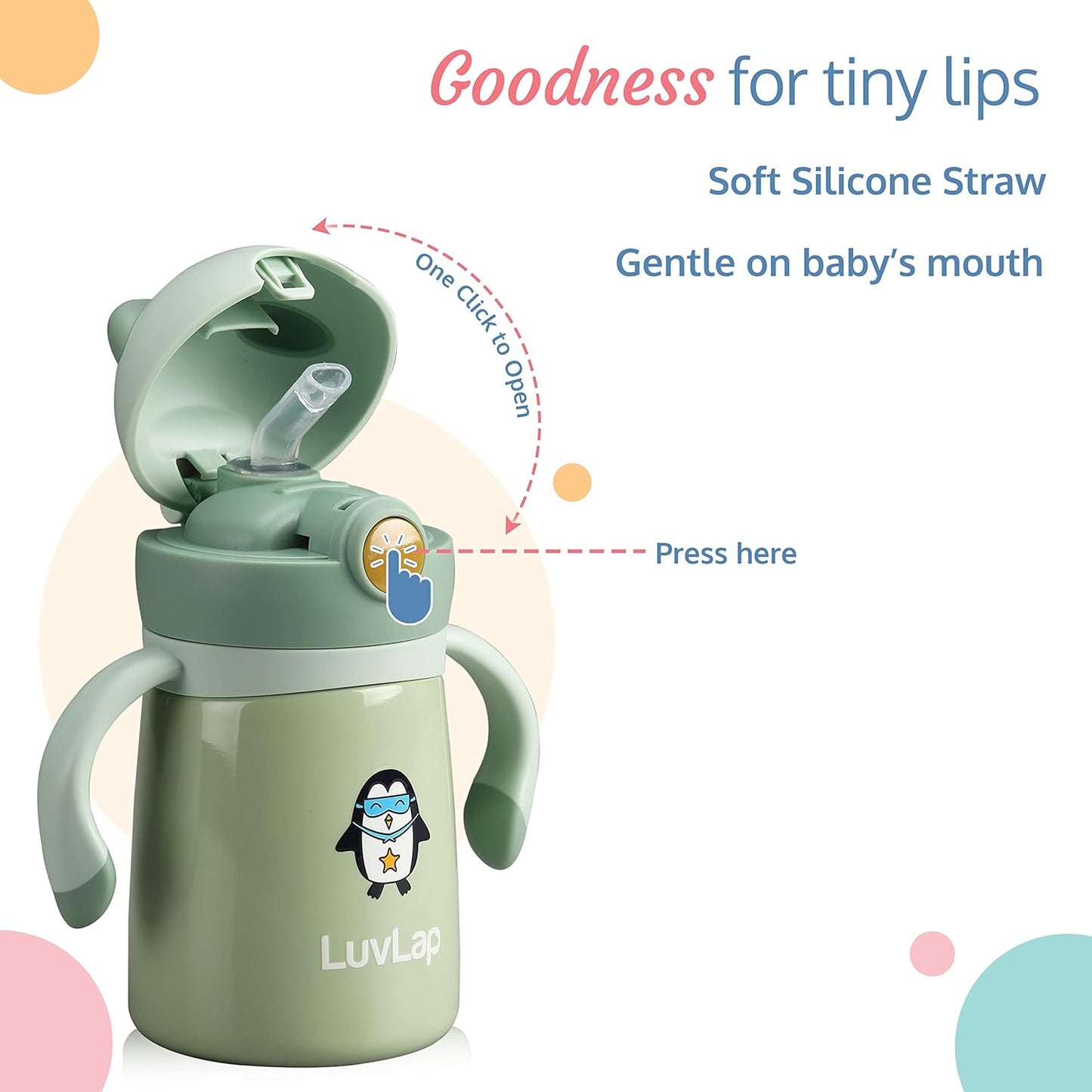 LuvLap Double Walled Stainless Steel Straw Sipper Bottle 300ml for Babies | Hot & Cold Insulated | BPA Free | One Touch Open | Green