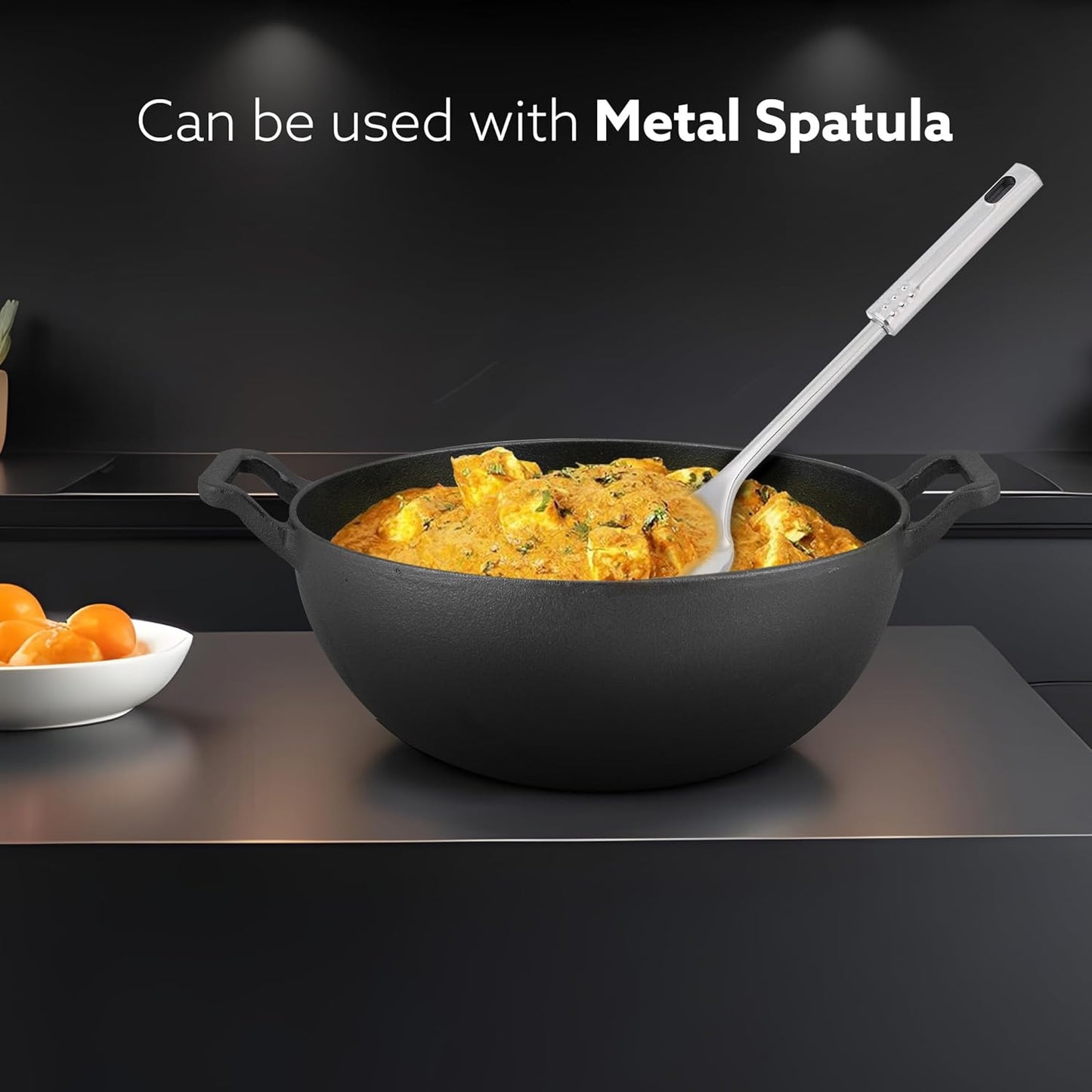 AGARO Royal Pre-Seasoned Cast Iron Kadai 4.3L | Glass Lid | Heavy Duty Uni-Body | No Chemical Coating | Gas & Induction Compatible | Black