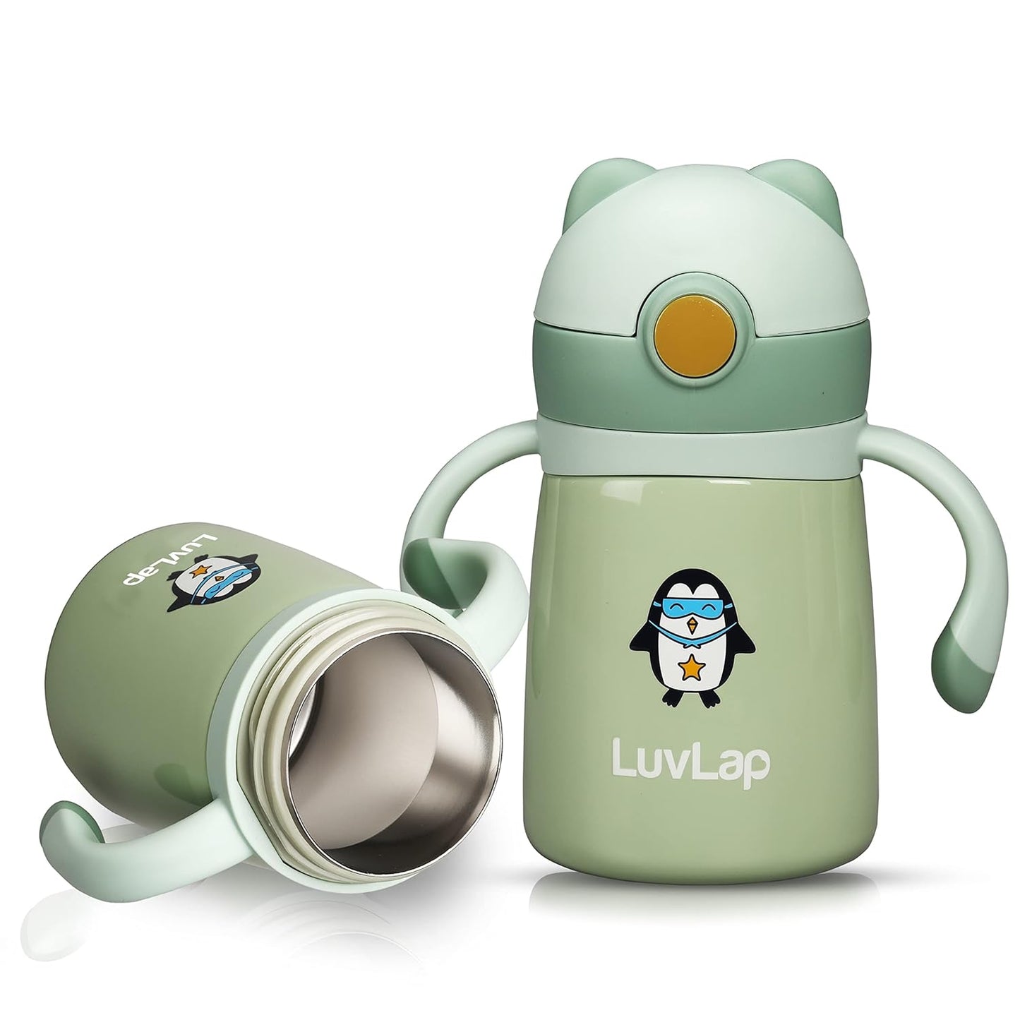 LuvLap Double Walled Stainless Steel Straw Sipper Bottle 300ml for Babies | Hot & Cold Insulated | BPA Free | One Touch Open | Green