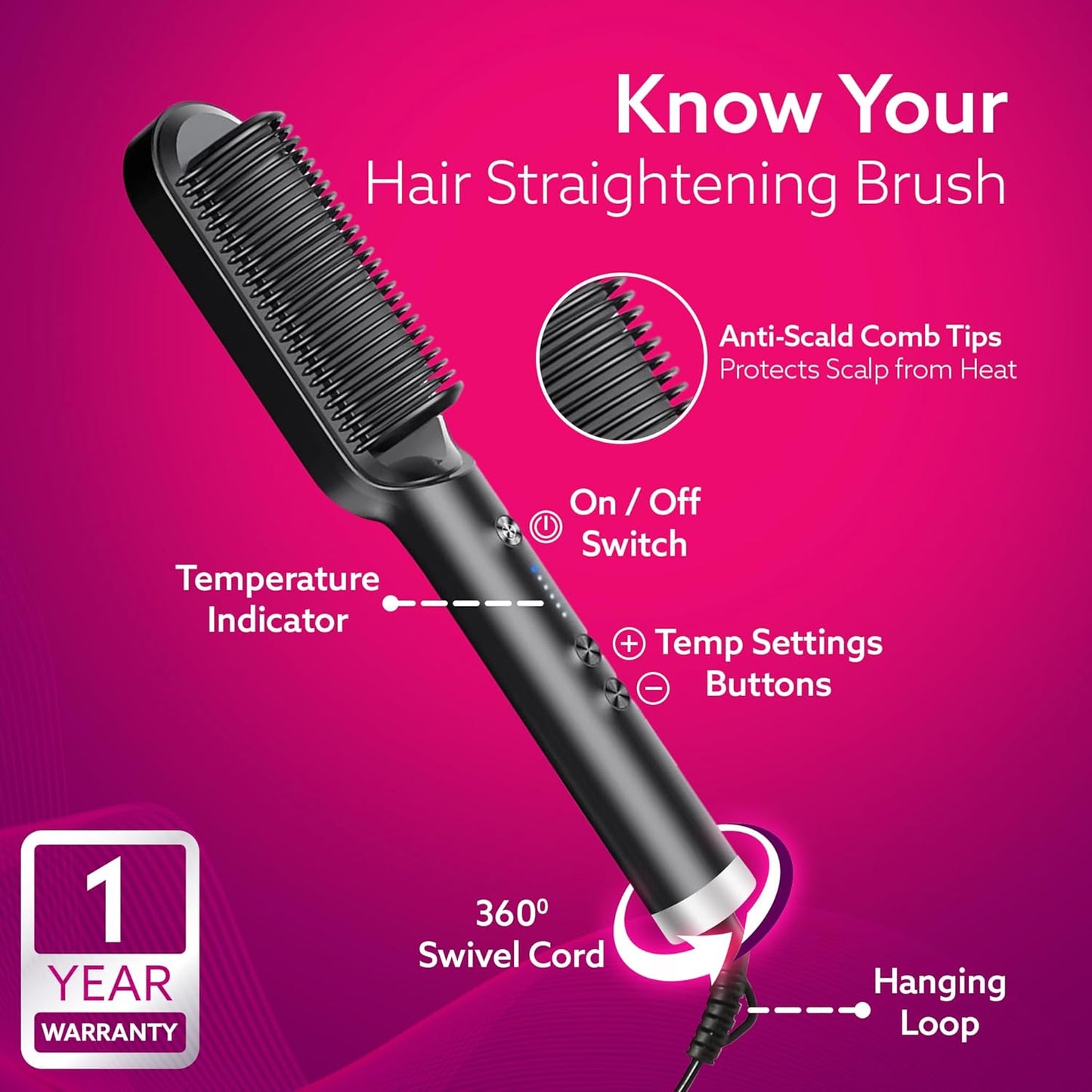 AGARO Hair Straightening Brush HSB2107 | Ionic Care, 5 Heat Settings, Fast Heating