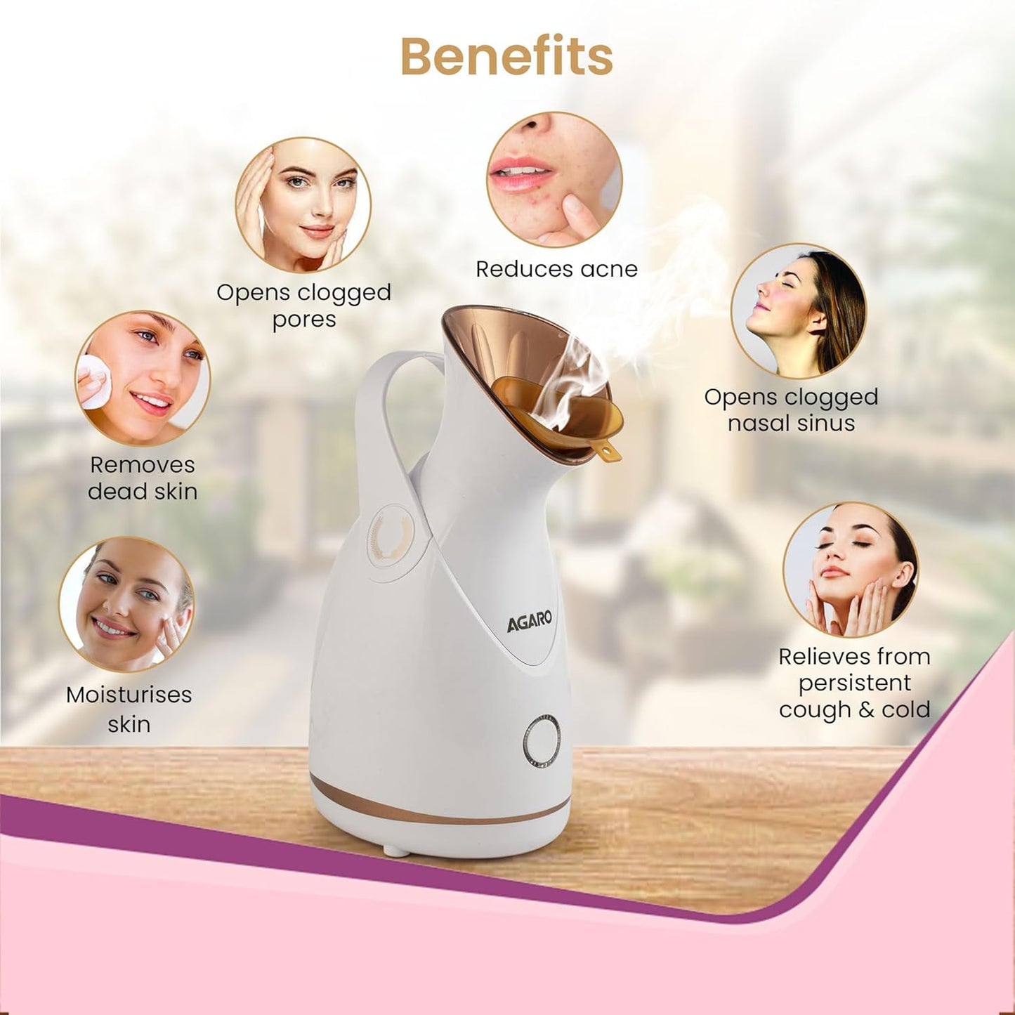 AGARO Facial Steamer FS2117 (Rose Gold) – Nano Ionic Hot Mist | Deep Pore Cleansing & Home Spa (100ML)