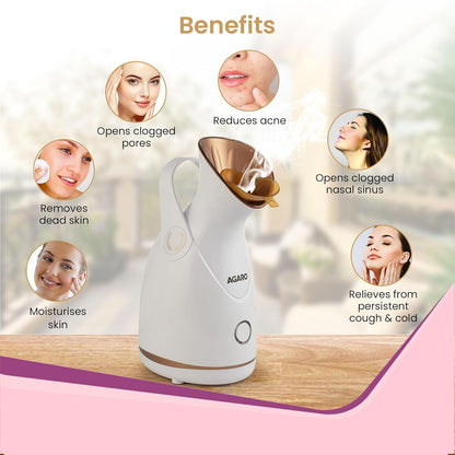 AGARO Facial Steamer FS2117 (Rose Gold) – Nano Ionic Hot Mist | Deep Pore Cleansing & Home Spa (100ML)