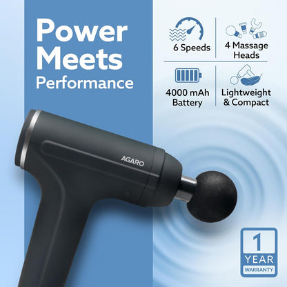 AGARO Galaxy Gun Percussion Massager – 6 Speed Rechargeable Full Body Muscle Relief (4 Heads, Black)