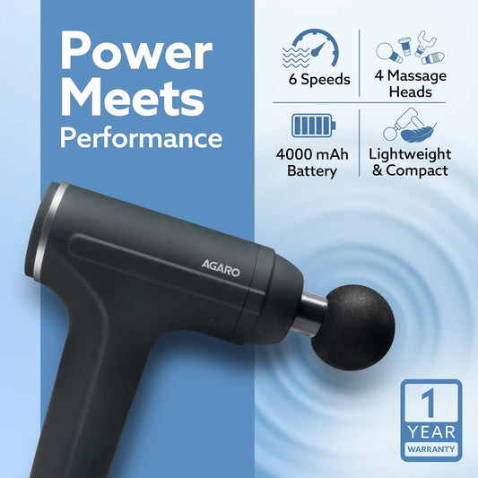 AGARO Galaxy Gun Percussion Massager – 6 Speed Rechargeable Full Body Muscle Relief (4 Heads, Black)