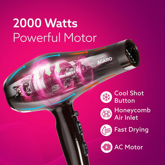 AGARO HD-1120 Professional 2000W Hair Dryer & Blower for Men & Women | Hot & Cold Air | Cool Shot | 2 Speed, 3 Heat Settings | Comb, Concentrator & Diffuser Nozzles