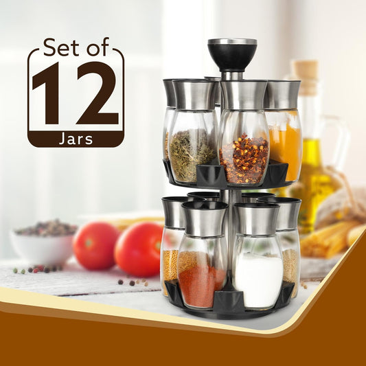 AGARO Elegant Glass Spice Jar Set of 12 with Rotating Stand | 360° Spinning Masala Rack Organizer | Premium Kitchen Spice Storage Holder