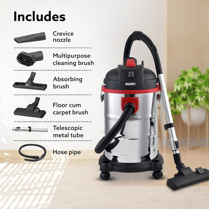 AGARO Ace 1600W Wet & Dry Vacuum Cleaner | 21.5KPa Powerful Suction | 30L Tank | Blower Function | Stainless Steel Body