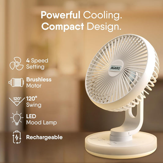 AGARO Alpha Rechargeable Table Fan with LED Light | 6-Inch USB Portable Desk Fan | 4-Speed Brushless Motor | Oscillation | Ultra Quiet | Home, Office & Bedroom