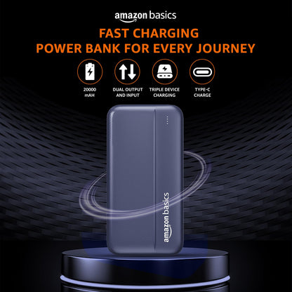 Amazon Basics 20000mAh Power Bank with 22.5W Fast Charging | Triple Device Support | Dark Blue