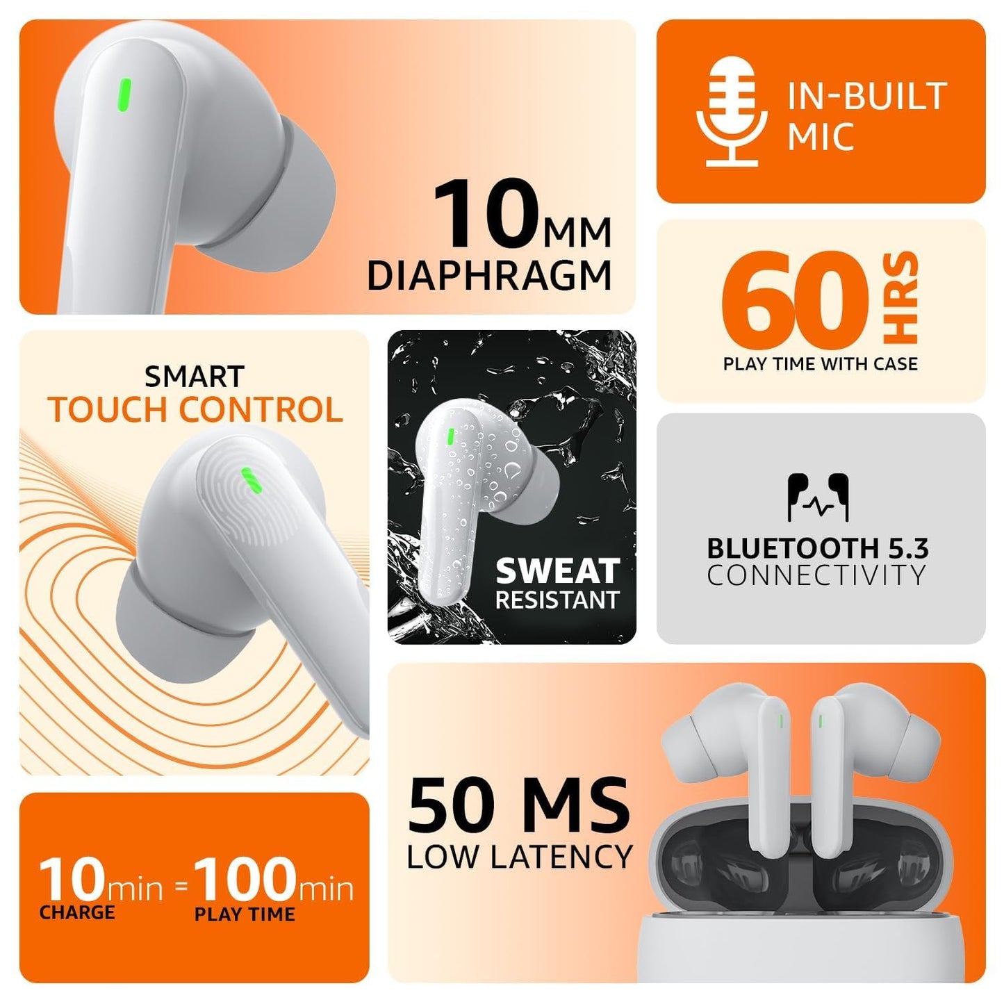Amazon Basics True Wireless Earbuds with Mic | Long Battery Life Up to 60H, IPX5 Sweat & Water Resistant, Bluetooth 5.3, Touch Controls