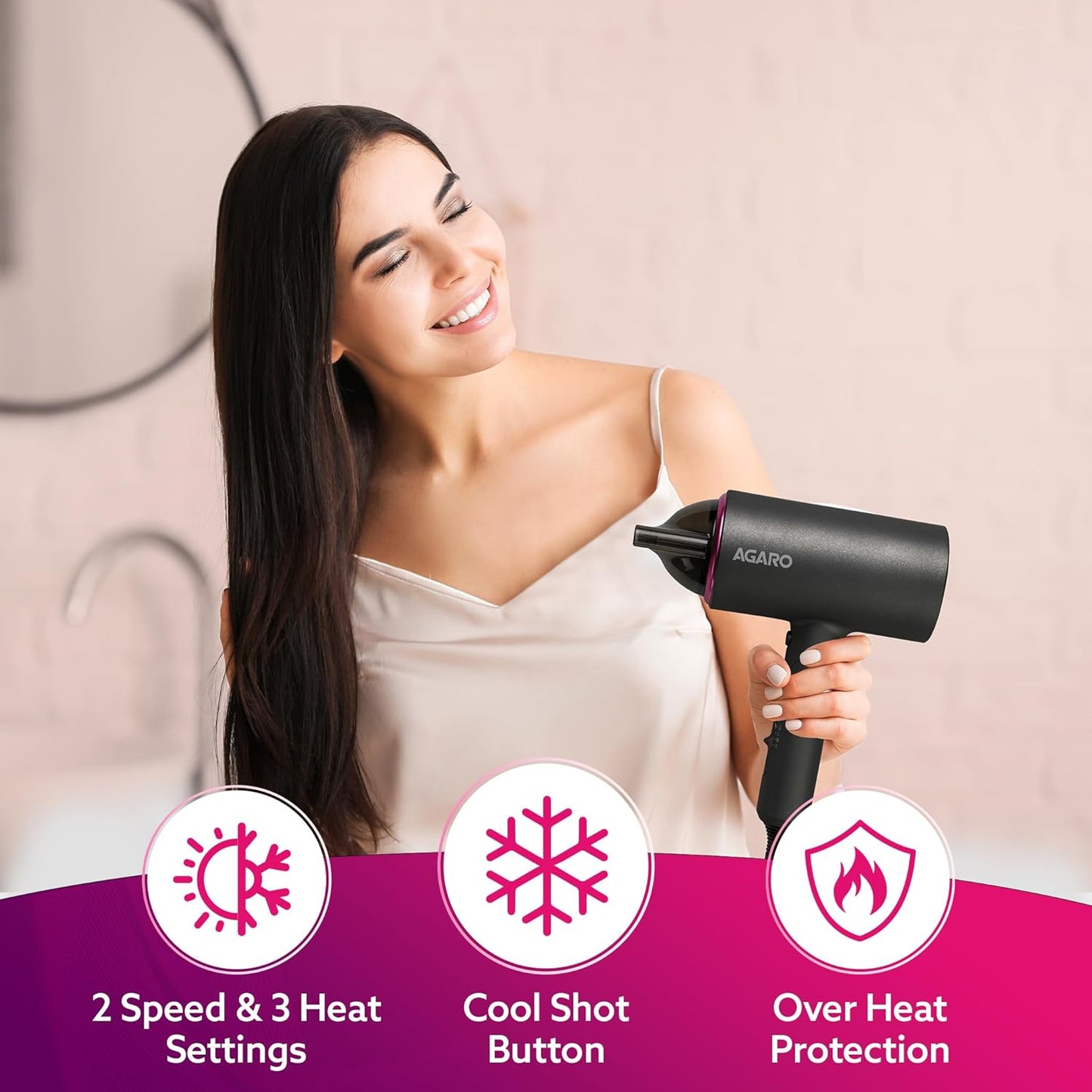 AGARO HD-1214 Premium Hair Dryer | 1400W Power, 3 Heat Settings & Cool Shot