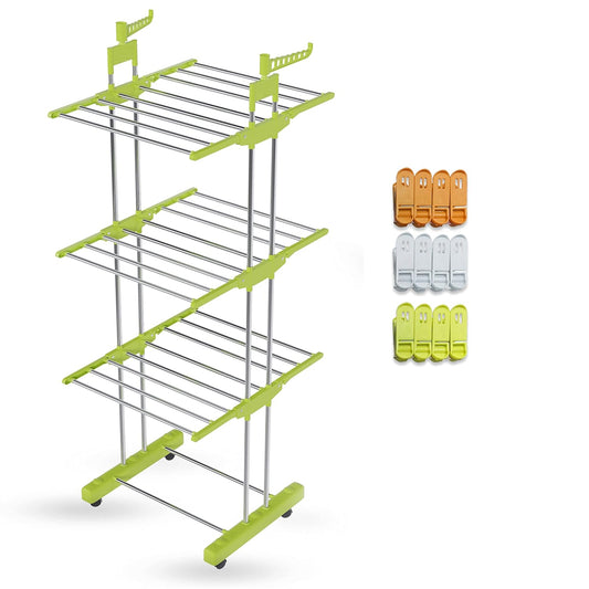Lifelong 3 Layer Stainless Steel Foldable Cloth Drying Stand with Wheels & 12 Clips | Heavy Duty Laundry Dryer Rack