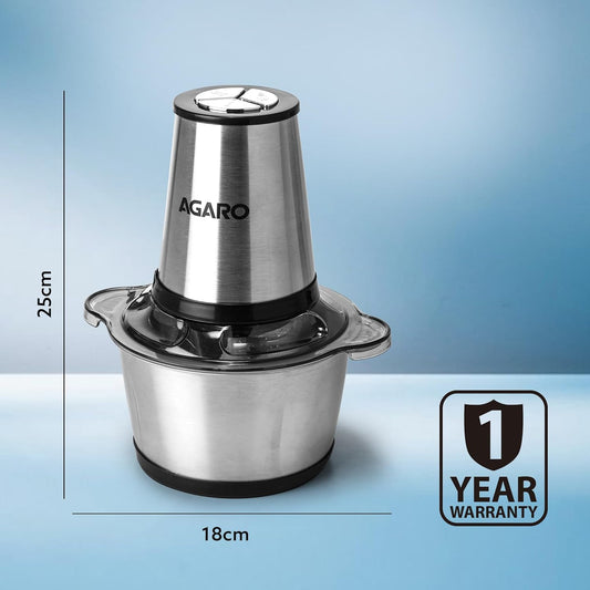 AGARO Delite 400W Electric Vegetable & Meat Chopper | 2L Bowl | 3 Speed Settings | Stainless Steel Body | Meat Grinder, Vegetable Mixer, Egg Whisker & Garlic Peeler