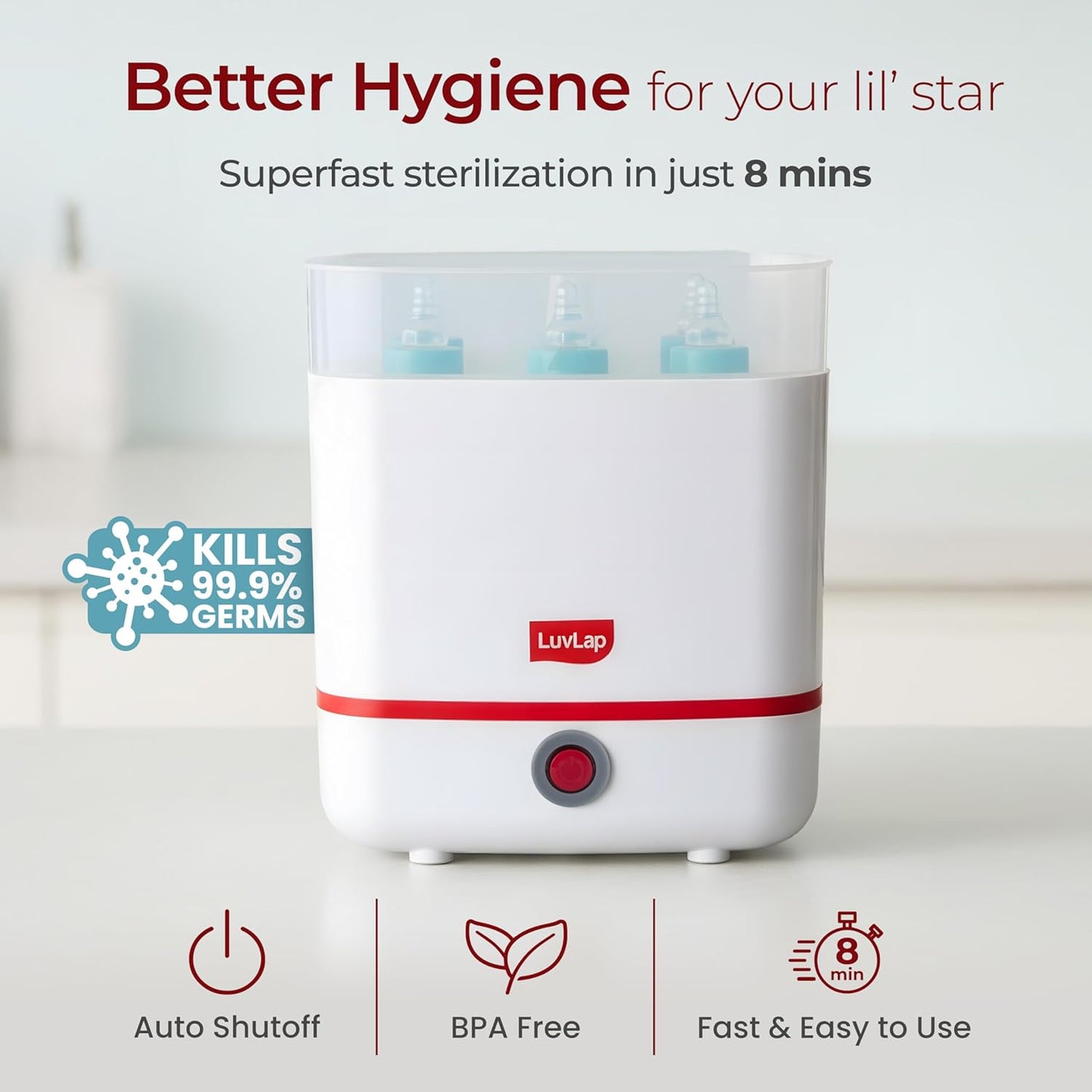 LuvLap 3-in-1 Electric Steam Sterilizer for Baby Bottles & Accessories | 99.9% Germ Kill | 8-Min Fast Sterilization | Keeps Sterile Up to 24 Hours + FREE LuvLap Baby Silicone Straw Sipper Cup 300ml (Pack of 3 Worth ₹1,399) | Free Delivery