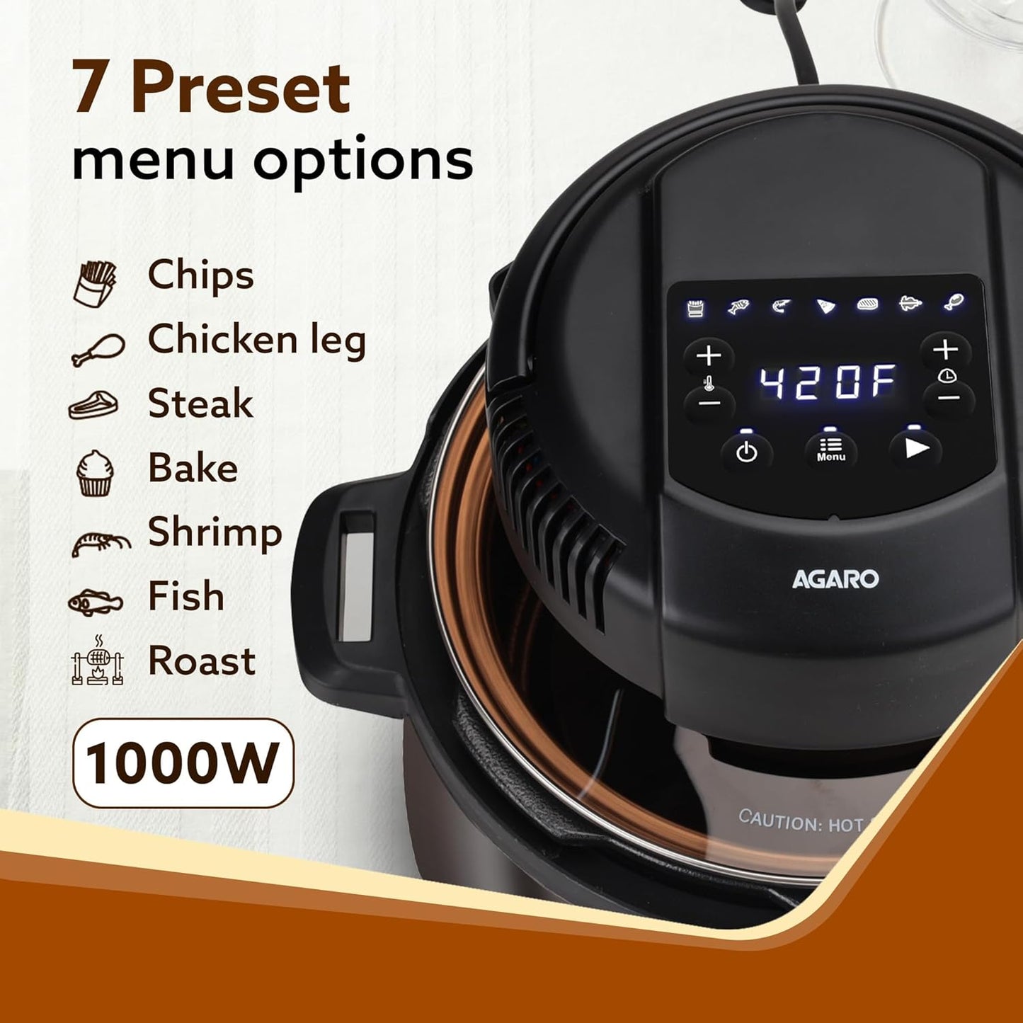 AGARO Imperial Pot Lid Air Fryer – 7-in-1 Electric Air Fryer Lid for 5L, 6L & 8L Pressure Cookers | 7 Preset Menu | 1000W