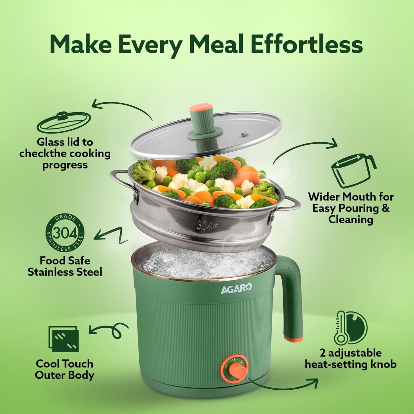 AGARO Regency Multi-Cook Electric Kettle 1.2L with Steamer | 600W | Double Layer Body | Variable Temp | Tea, Coffee, Eggs & Veggies + FREE AirPods Worth ₹499