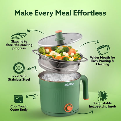 AGARO Regency Multi-Cook Electric Kettle 1.2L with Steamer | 600W | Double Layer Body | Variable Temp | Tea, Coffee, Eggs & Veggies + FREE AirPods Worth ₹499