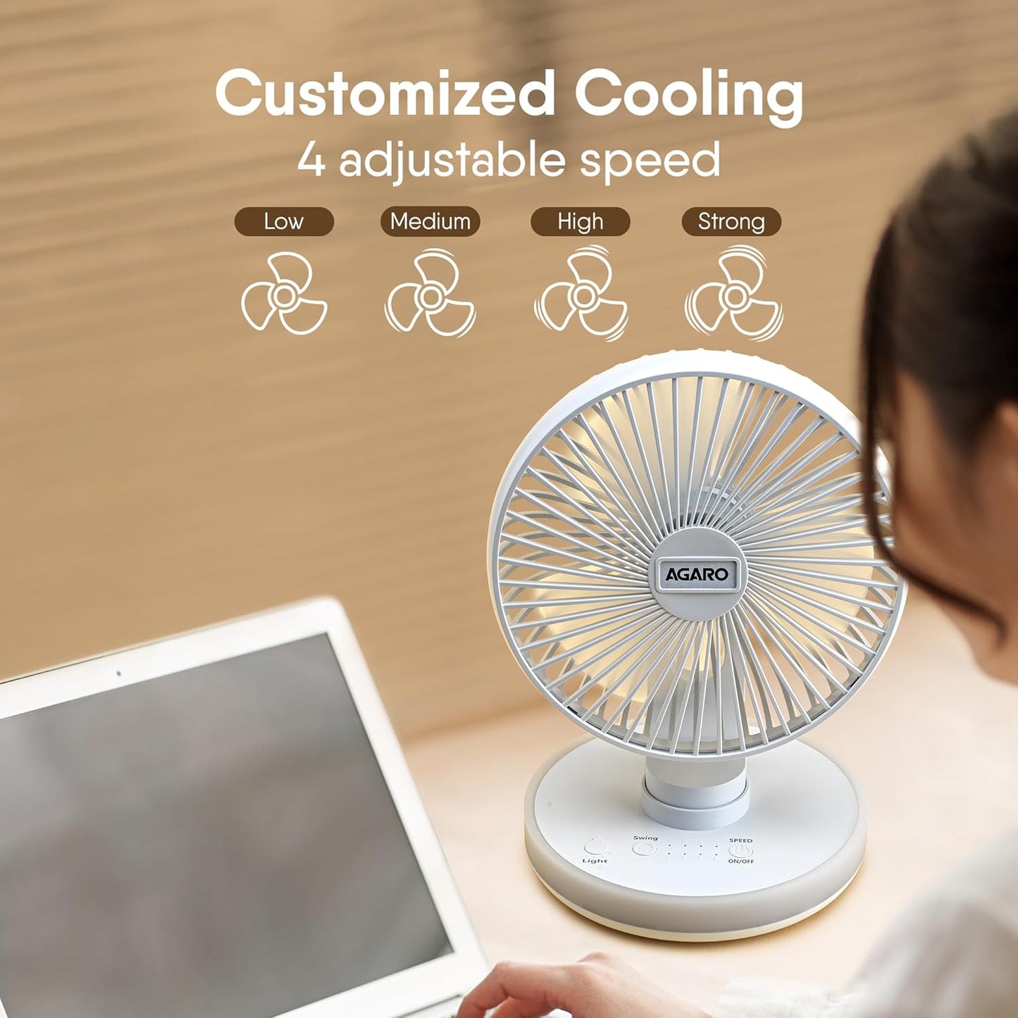 AGARO Alpha Rechargeable Table Fan with LED Light | 6-Inch USB Portable Desk Fan | 4-Speed Brushless Motor | Oscillation | Ultra Quiet | Home, Office & Bedroom