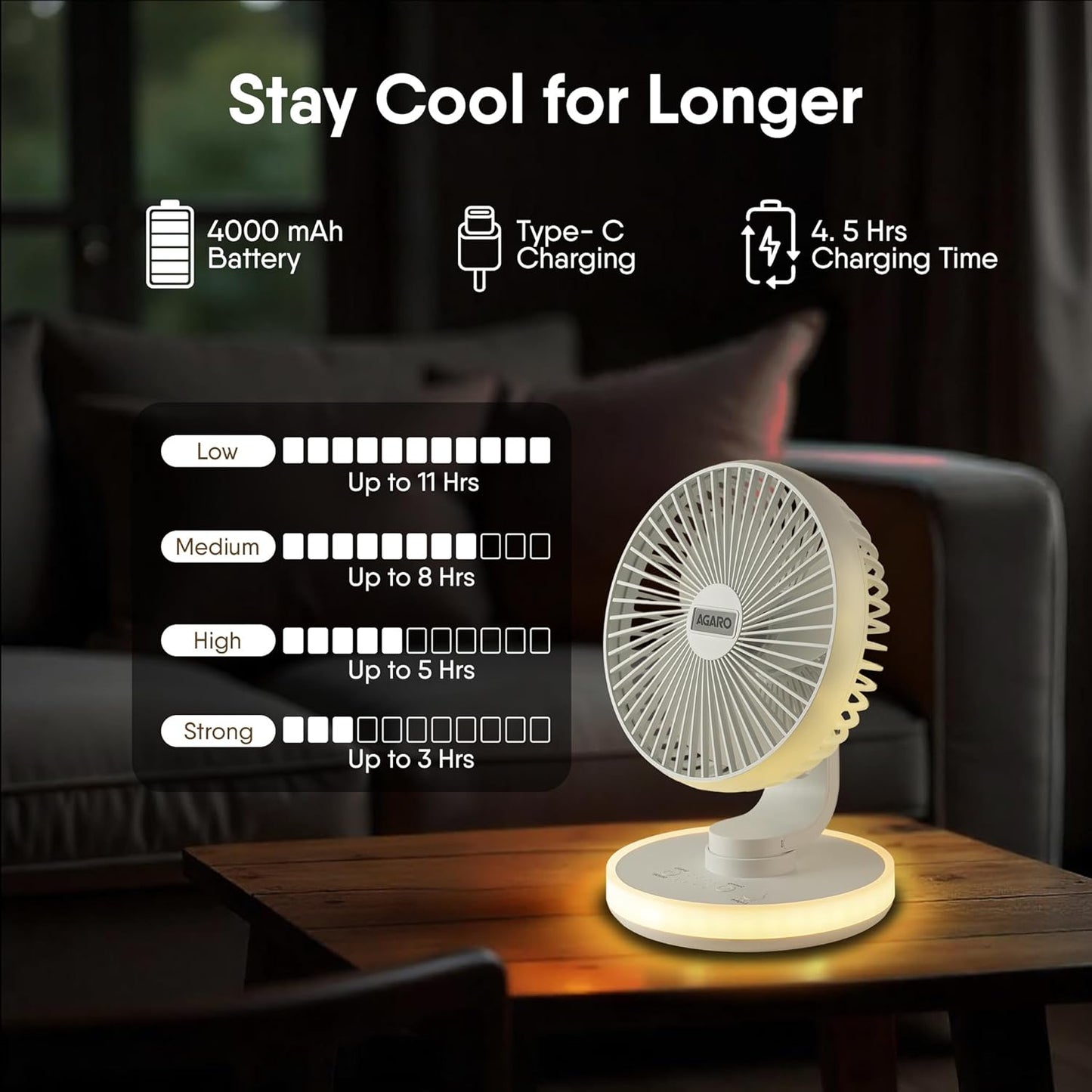 AGARO Alpha Rechargeable Table Fan with LED Light | 6-Inch USB Portable Desk Fan | 4-Speed Brushless Motor | Oscillation | Ultra Quiet | Home, Office & Bedroom