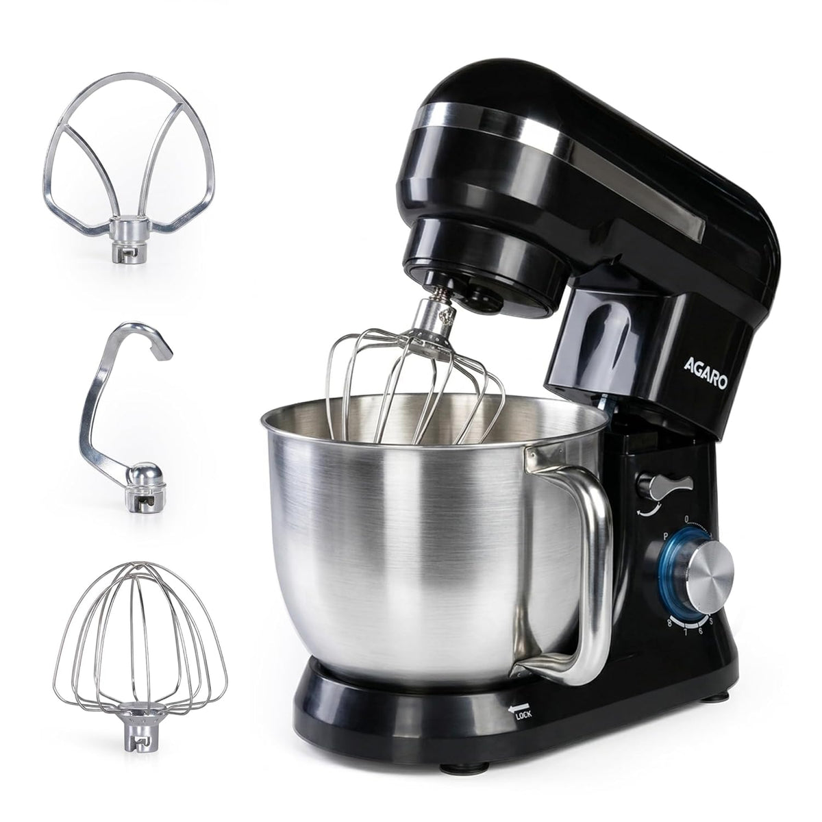 AGARO Royal Stand Mixer 1000W with 5L Stainless Steel Bowl, 8-Speed + Pulse Function, Copper Motor & Dough Hook, Beater, Whisker and Splash Guard