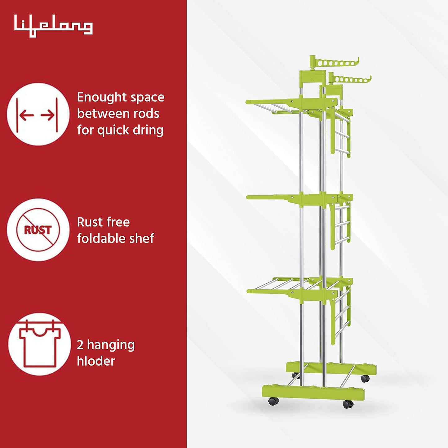 Lifelong 3 Layer Stainless Steel Foldable Cloth Drying Stand with Wheels & 12 Clips | Heavy Duty Laundry Dryer Rack