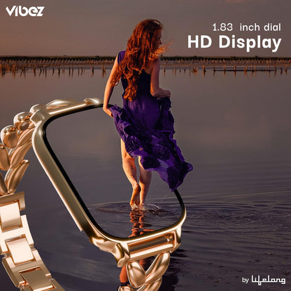 Vibez Allure Luxury Smart Watch for Women with Jewellery Gift Set – 1.83" HD Display, BT Calling Smartwatch, Stainless Steel Strap, Earrings, Necklace, Bracelet & Ring