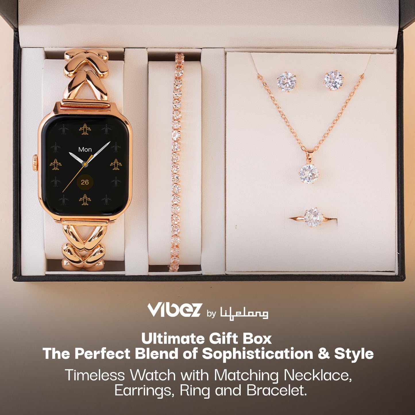 Vibez Allure Luxury Smart Watch for Women with Jewellery Gift Set – 1.83" HD Display, BT Calling Smartwatch, Stainless Steel Strap, Earrings, Necklace, Bracelet & Ring