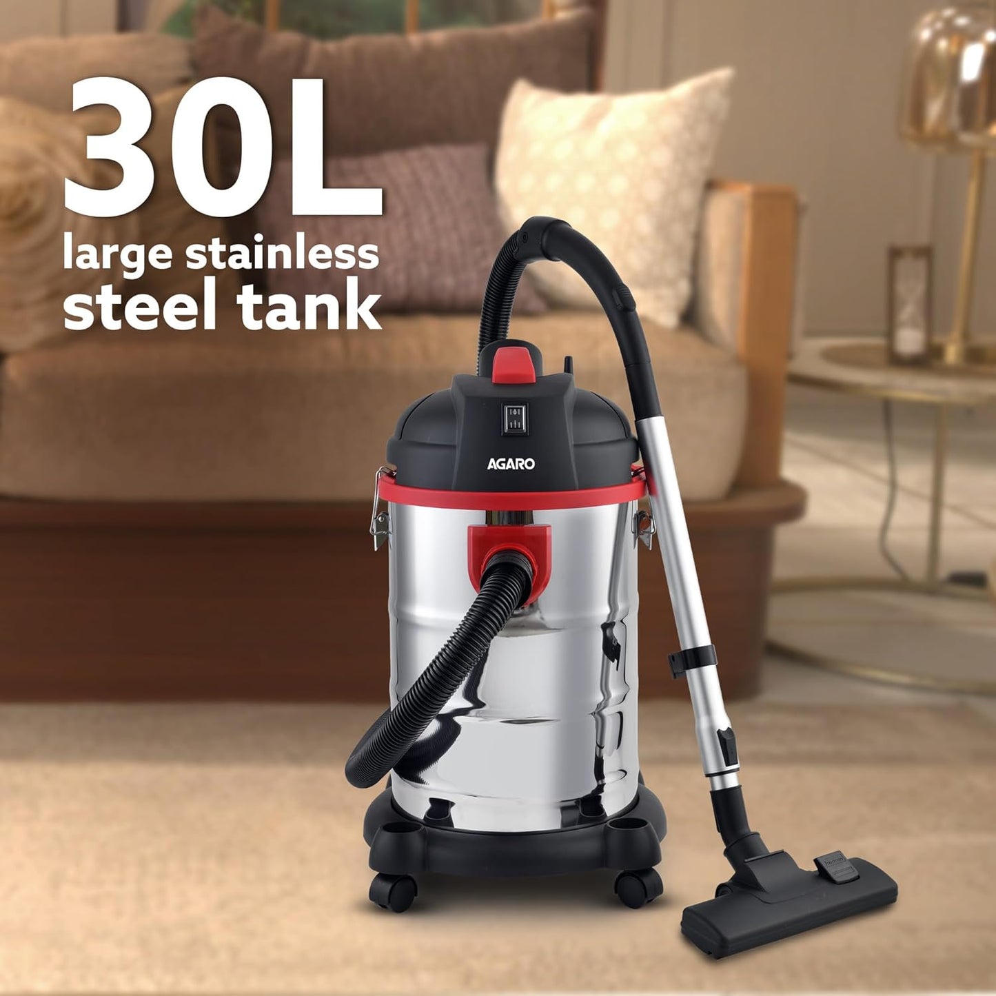 AGARO Ace 1600W Wet & Dry Vacuum Cleaner | 21.5KPa Powerful Suction | 30L Tank | Blower Function | Stainless Steel Body