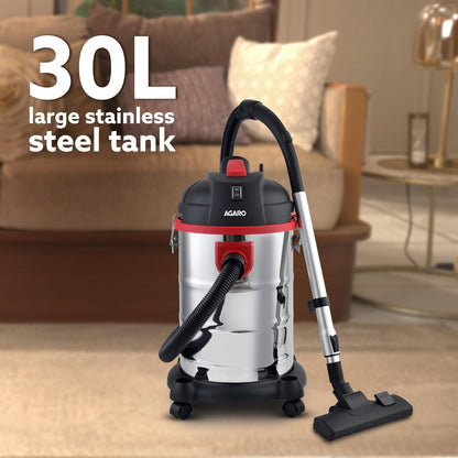 AGARO Ace 1600W Wet & Dry Vacuum Cleaner | 21.5KPa Powerful Suction | 30L Tank | Blower Function | Stainless Steel Body