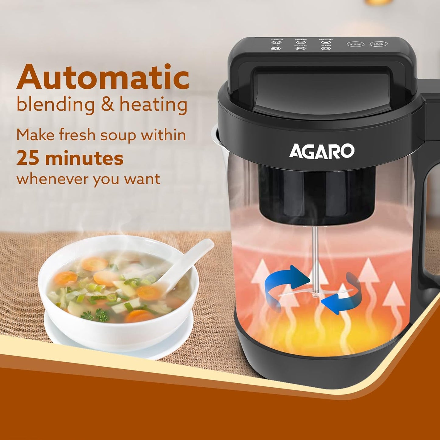 AGARO Elite Soup Maker 1L | Automatic Heating + Blending | 6 Preset Functions | Copper Motor | Stainless Steel Blades