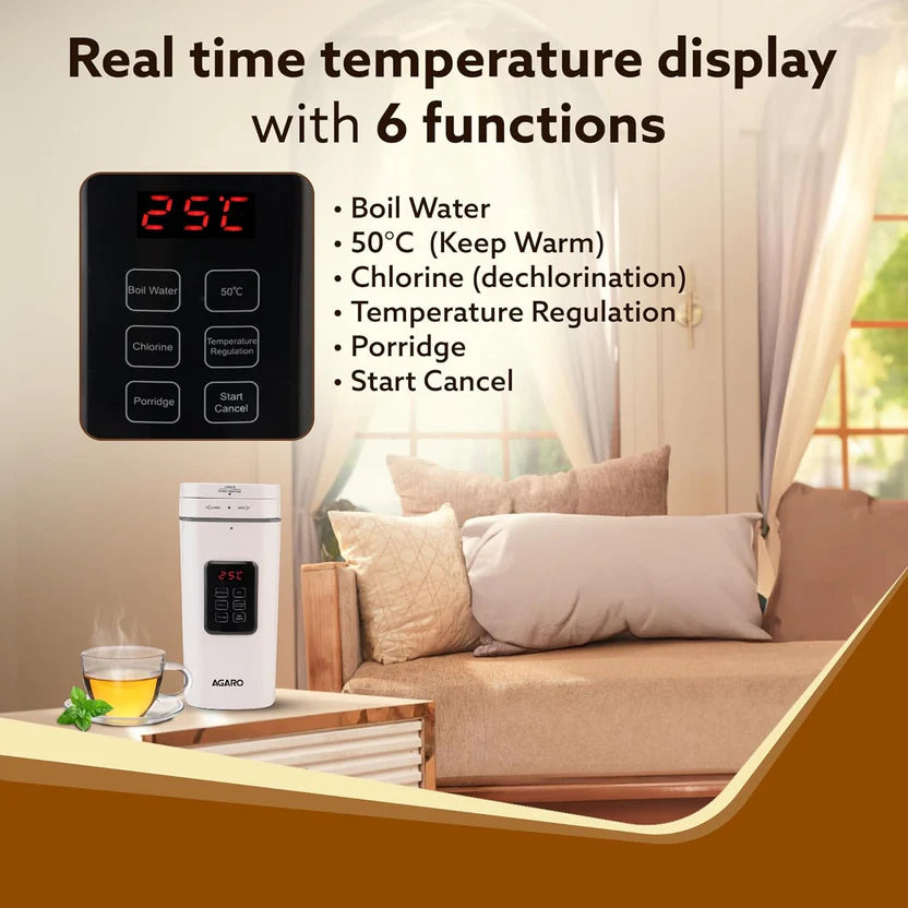 AGARO Delite Portable Electric Kettle 500ml – Fast Boiling Travel Kettle with Adjustable Temperature, Keep Warm & Dechlorination | Double Layered Body | White