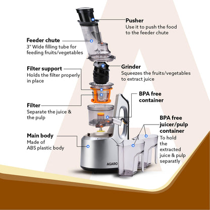 AGARO Imperial Professional Cold Press Slow Juicer – 240W Powerful Motor | Whole Fruit & Vegetable Juicer | 3 Strainers | All-in-1 Masticating Juicer | Grey/Black