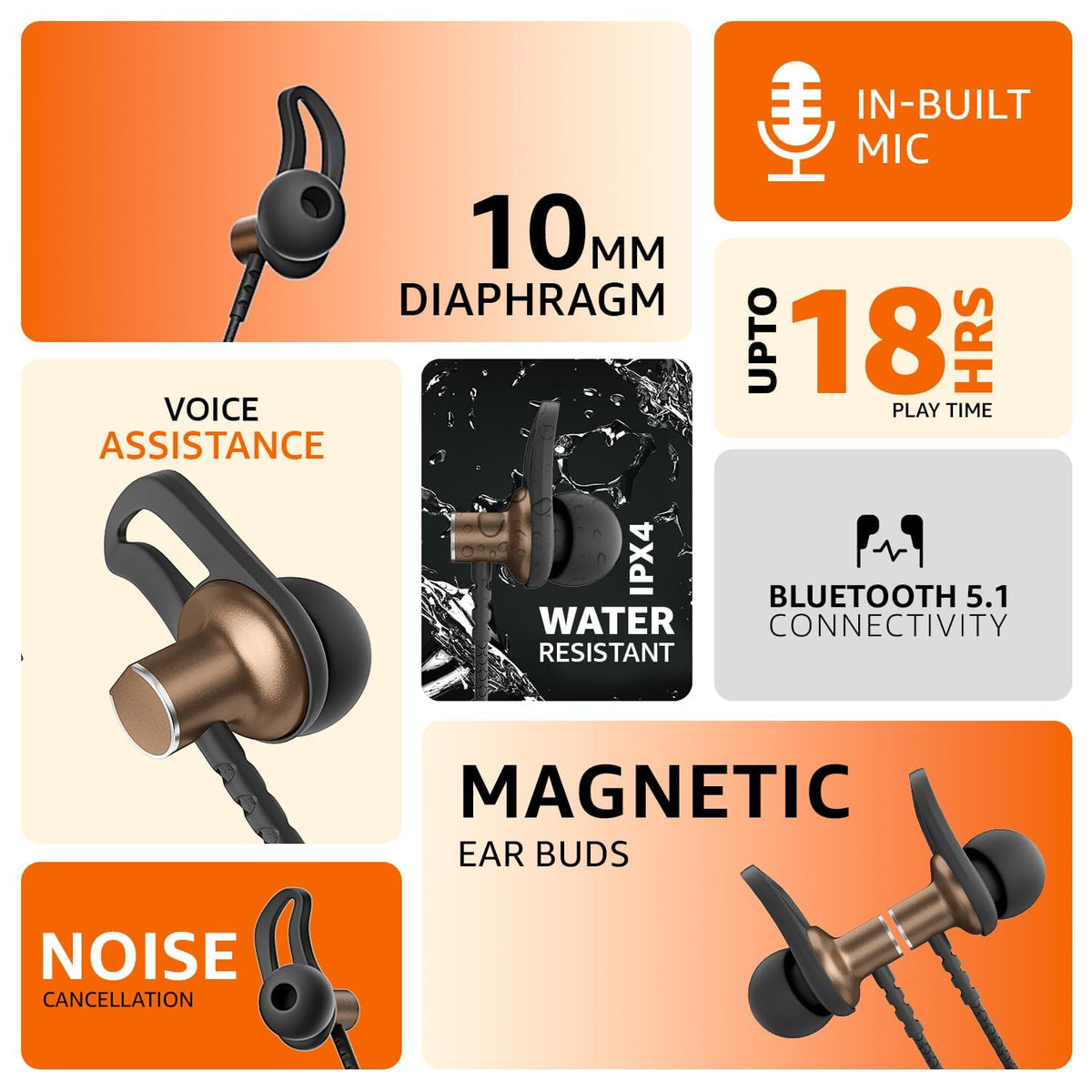 Amazon Basics Wireless Neckband Earphones with Mic | 18 Hours Playtime | Bluetooth 5.1 | ENC Noise Cancellation | IPX4 Water Resistant | Magnetic Earbuds (Brown) | Free Delivery