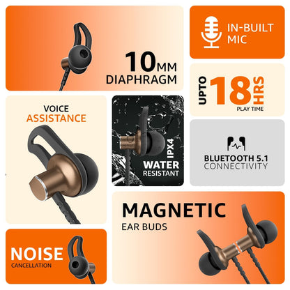 Amazon Basics Wireless Neckband Earphones with Mic | 18 Hours Playtime | Bluetooth 5.1 | ENC Noise Cancellation | IPX4 Water Resistant | Magnetic Earbuds (Brown) | Free Delivery